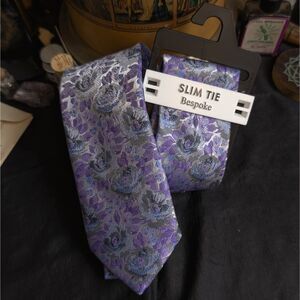 Bespoke Floral Embroidered Tapestry Print Skinny Tie Purple Blue